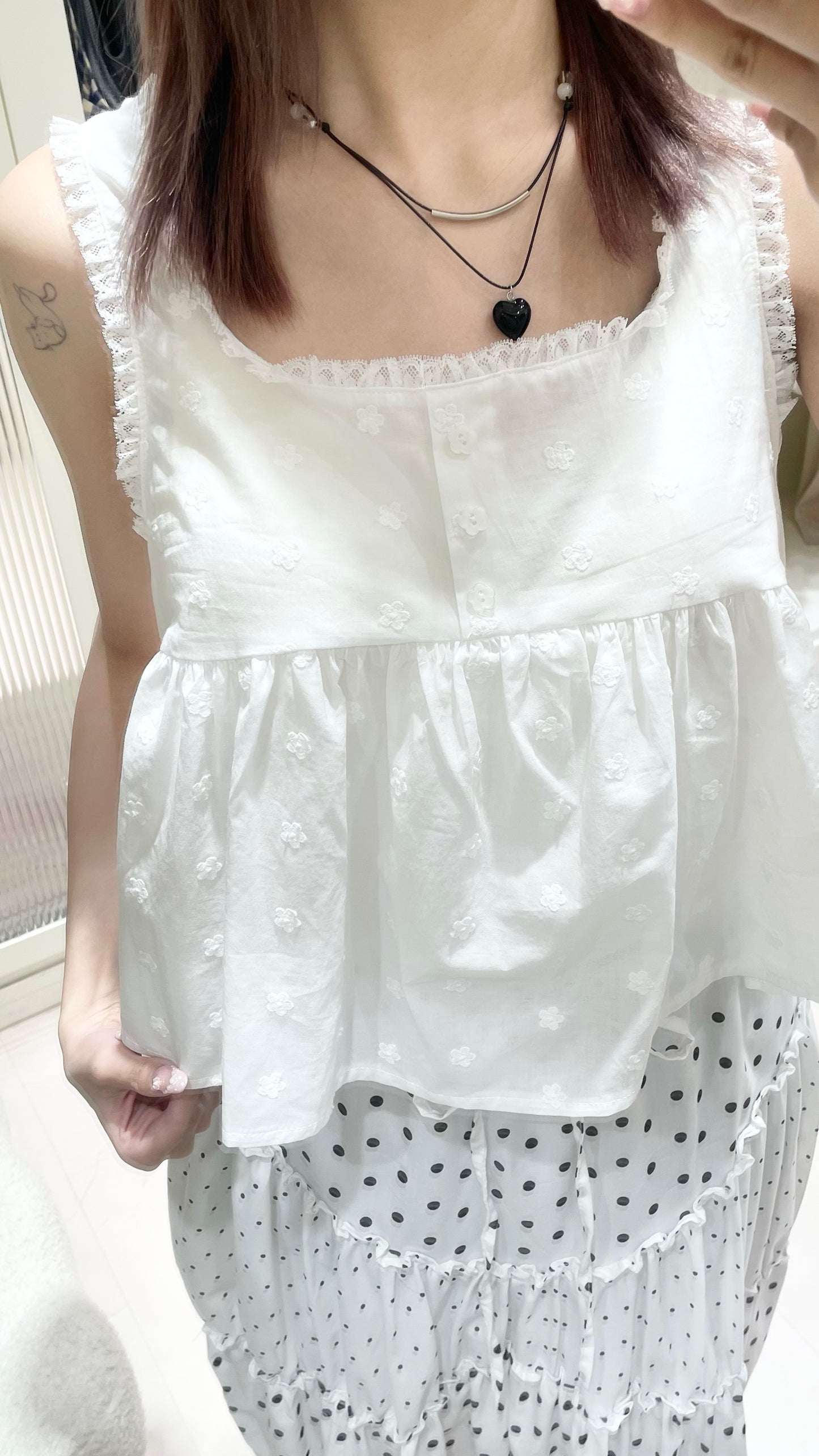 花花刺繡背心+波點長裙Set🤹🏻♀️💙