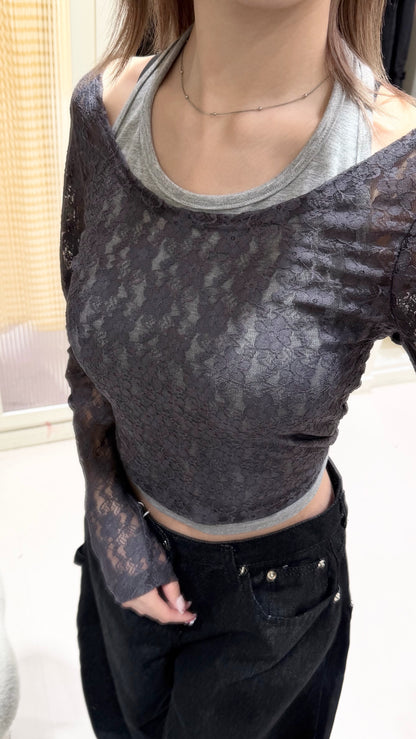 修身掛脖蕾絲+牛仔長褲🍒