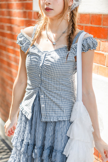 韓系花邊格仔背心🩵