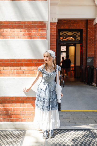 韓系花邊格仔背心🩵