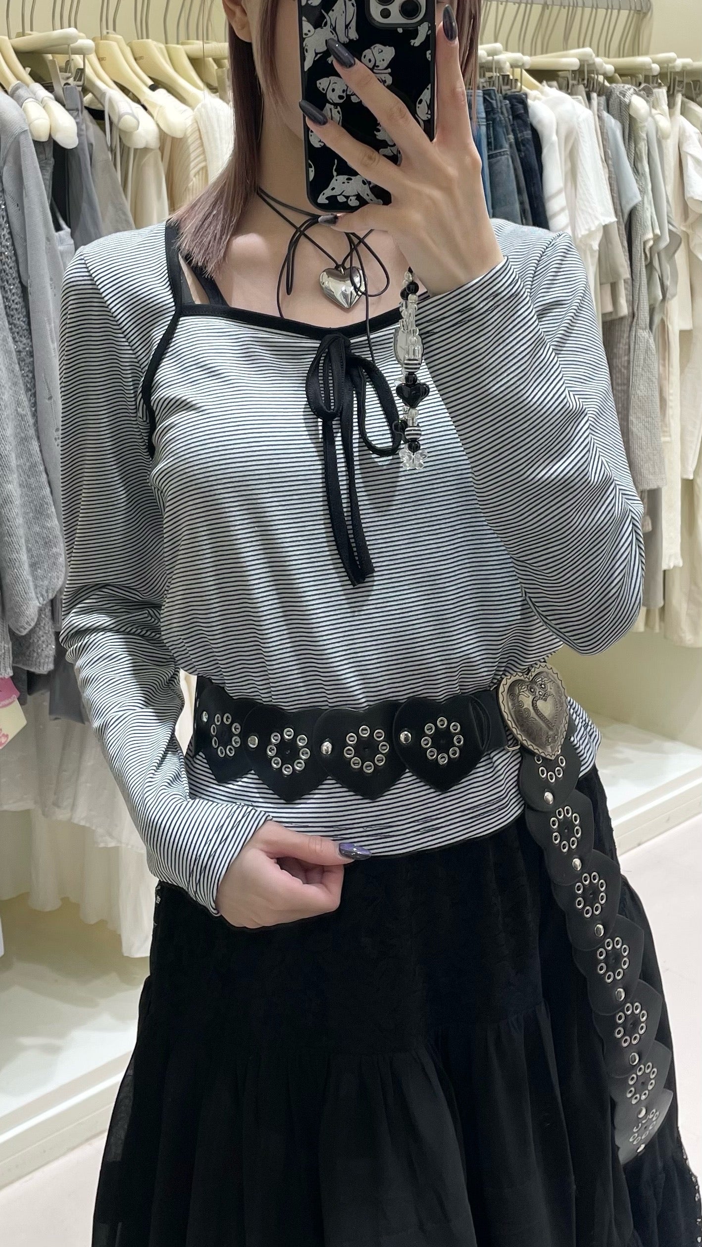 間條長袖上衣+蕾絲長裙🛒