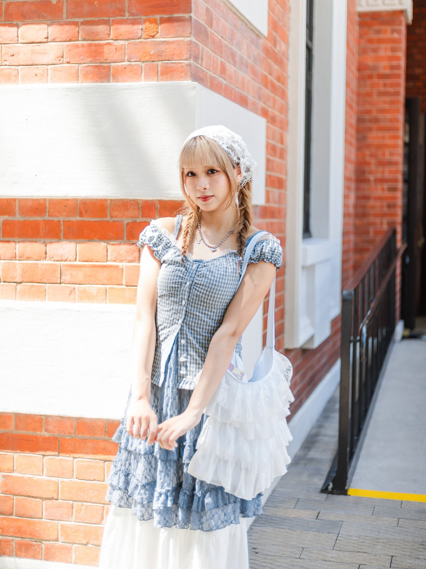 韓系花邊格仔背心🩵