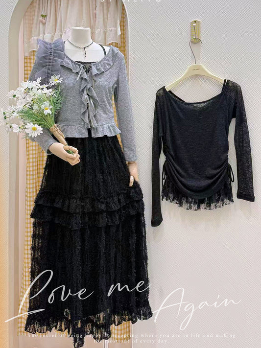 木耳邊上衣長裙套裝 ·͜·♡