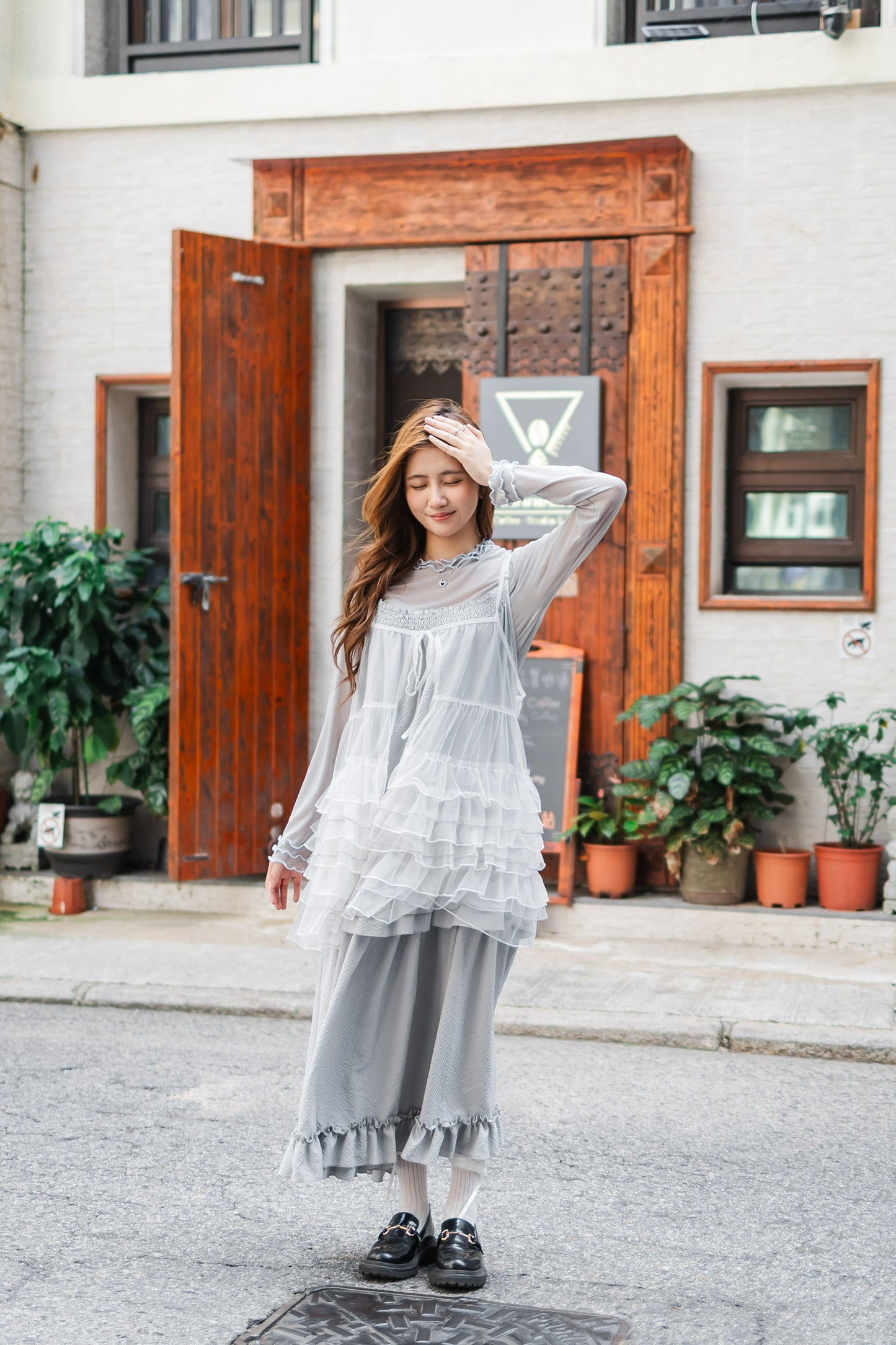 簡約網紗花邊長袖上衣🩵✨