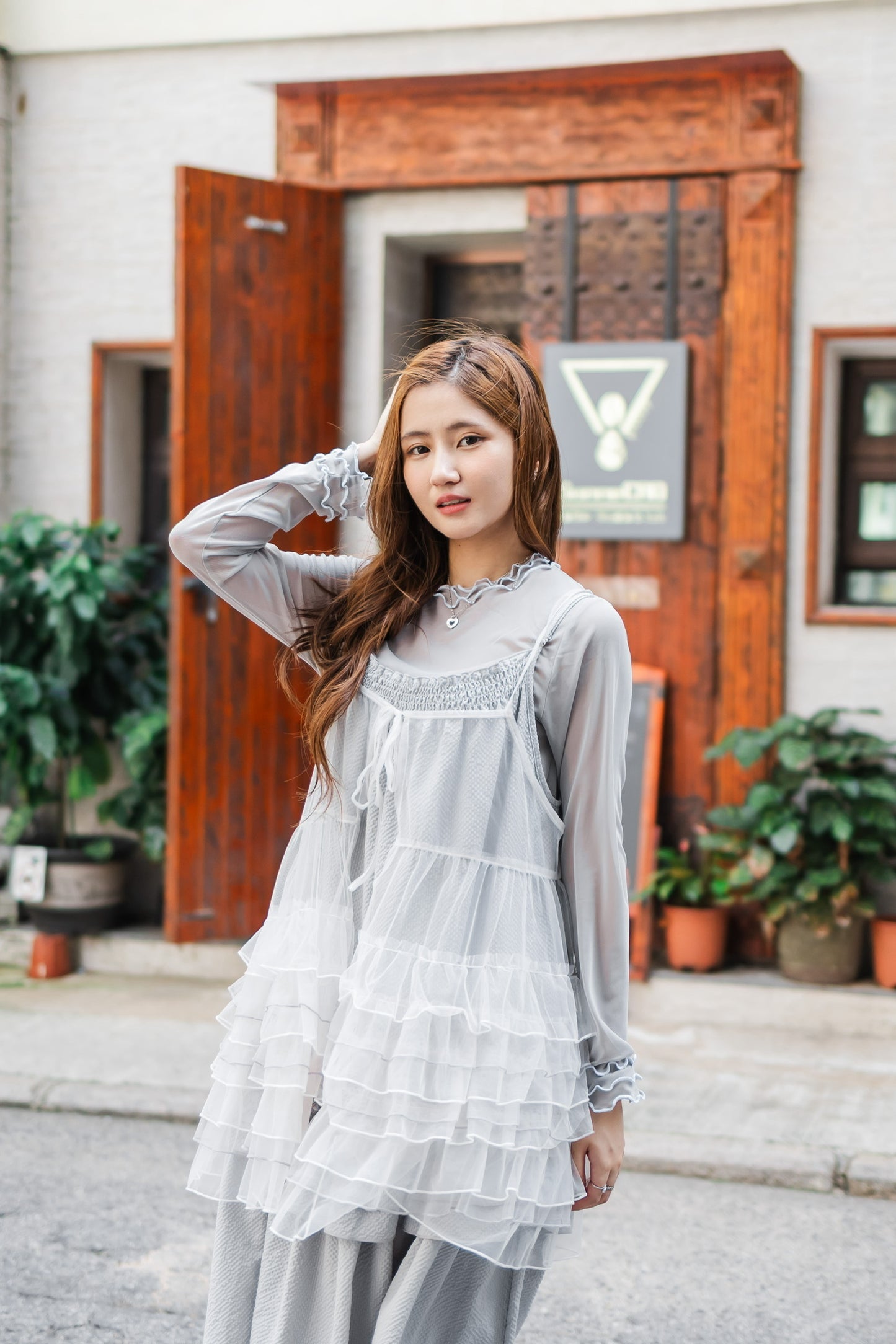 簡約網紗花邊長袖上衣🩵✨