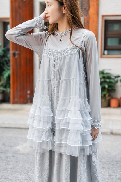 簡約網紗花邊長袖上衣🩵✨