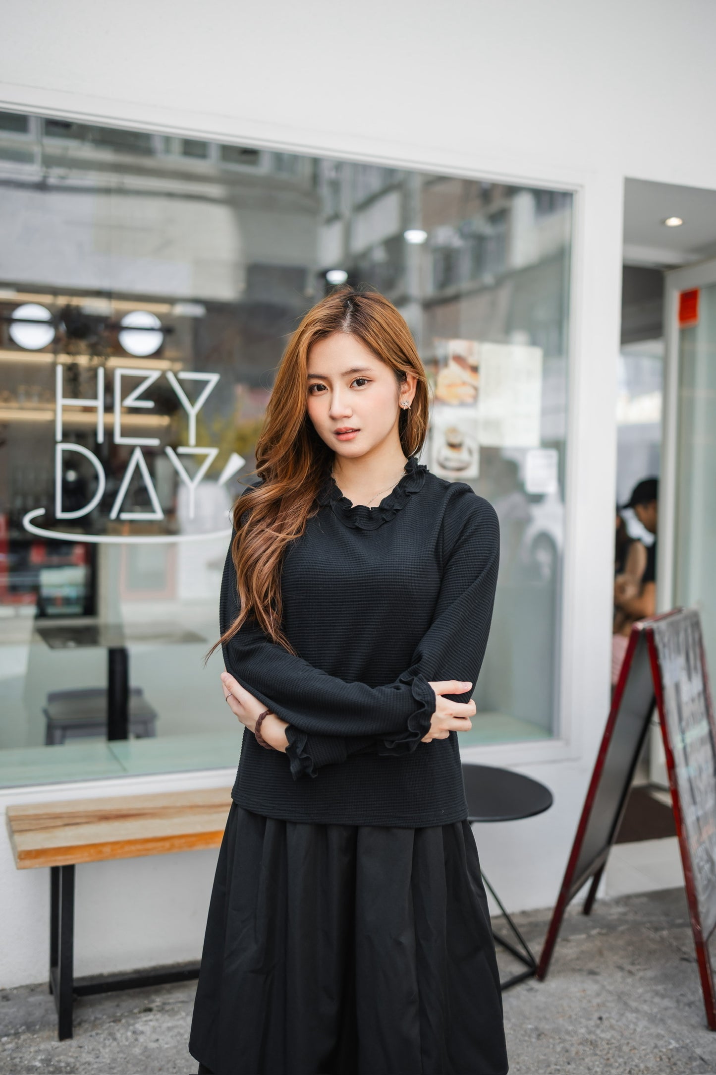 簡約花邊長袖上衣-黑色🖤