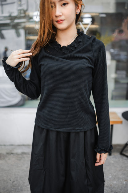 簡約花邊長袖上衣-黑色🖤