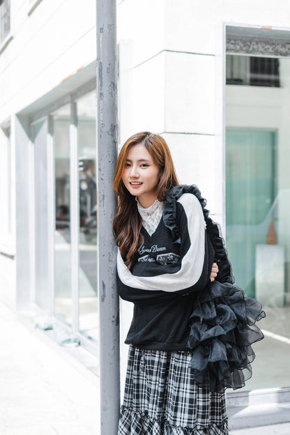 日系感復古格紋長裙 - Black🖤