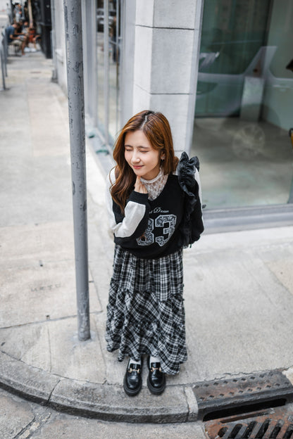 日系感復古格紋長裙 - Black🖤
