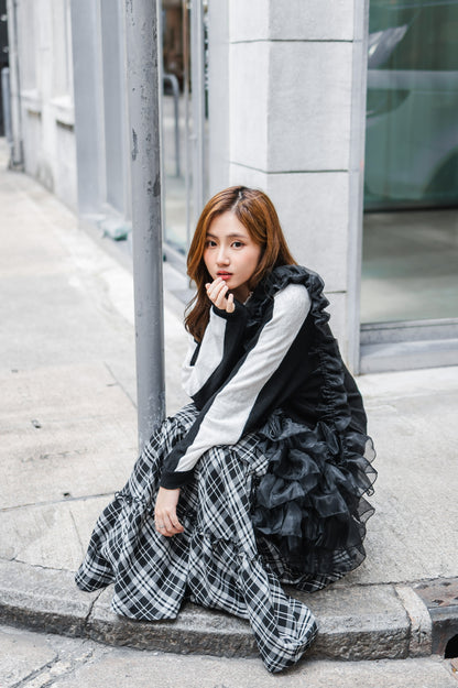 日系感復古格紋長裙 - Black🖤