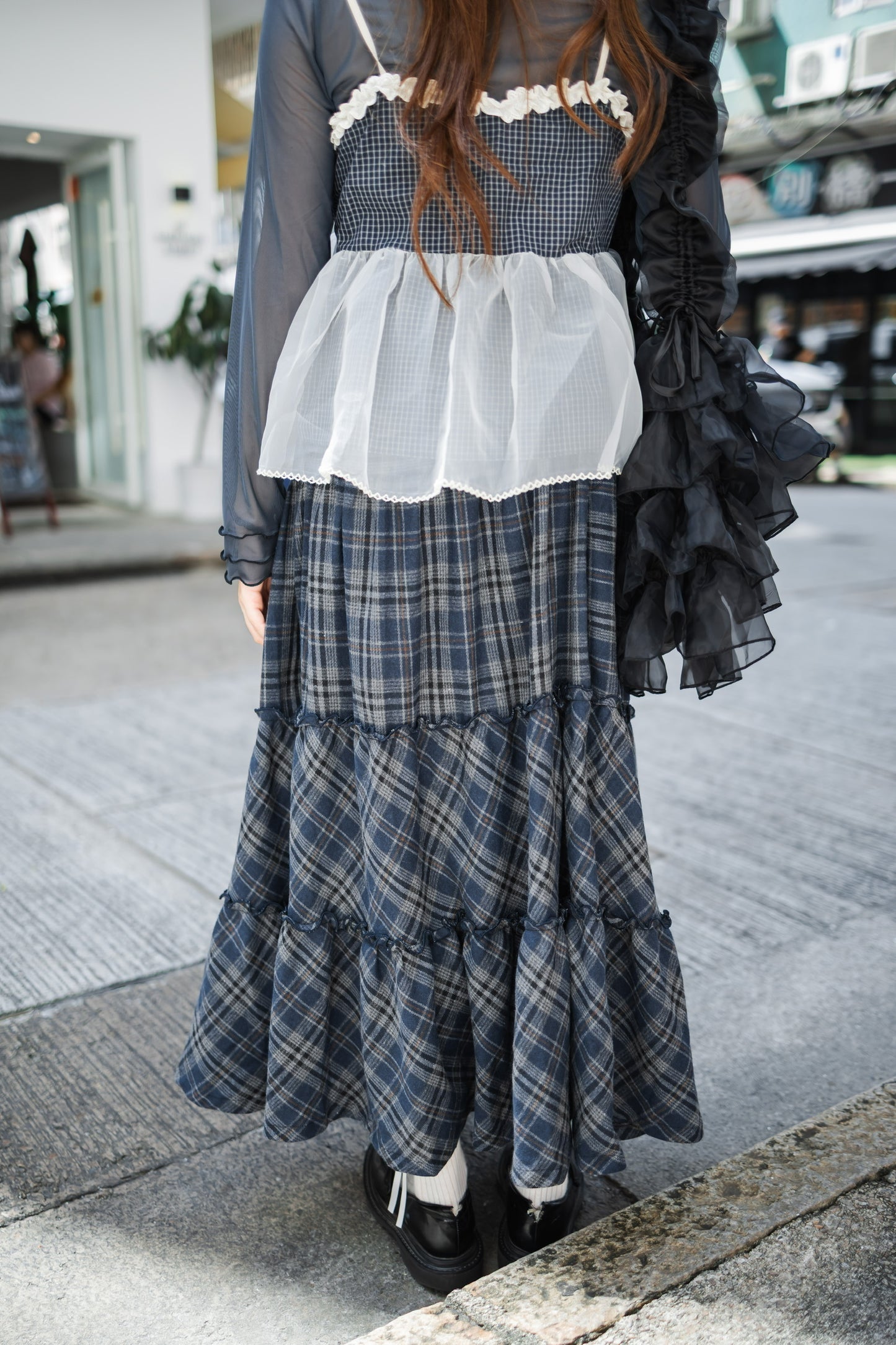 日系感復古格紋長裙 - Navy💙