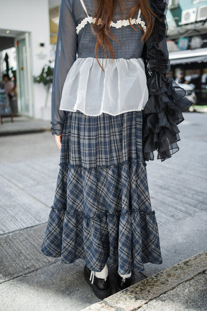 日系感復古格紋長裙 - Navy💙