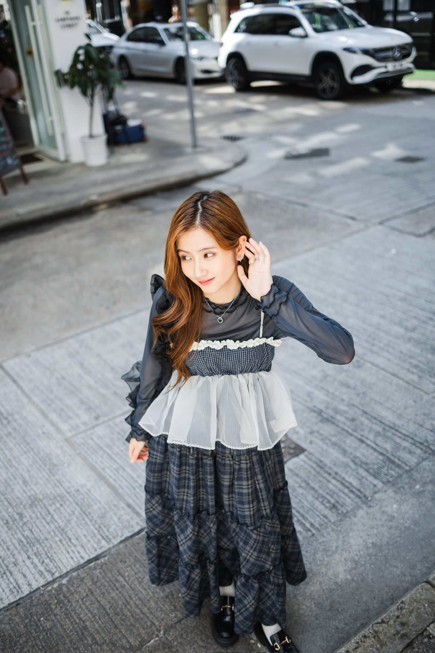 日系感復古格紋長裙 - Navy💙