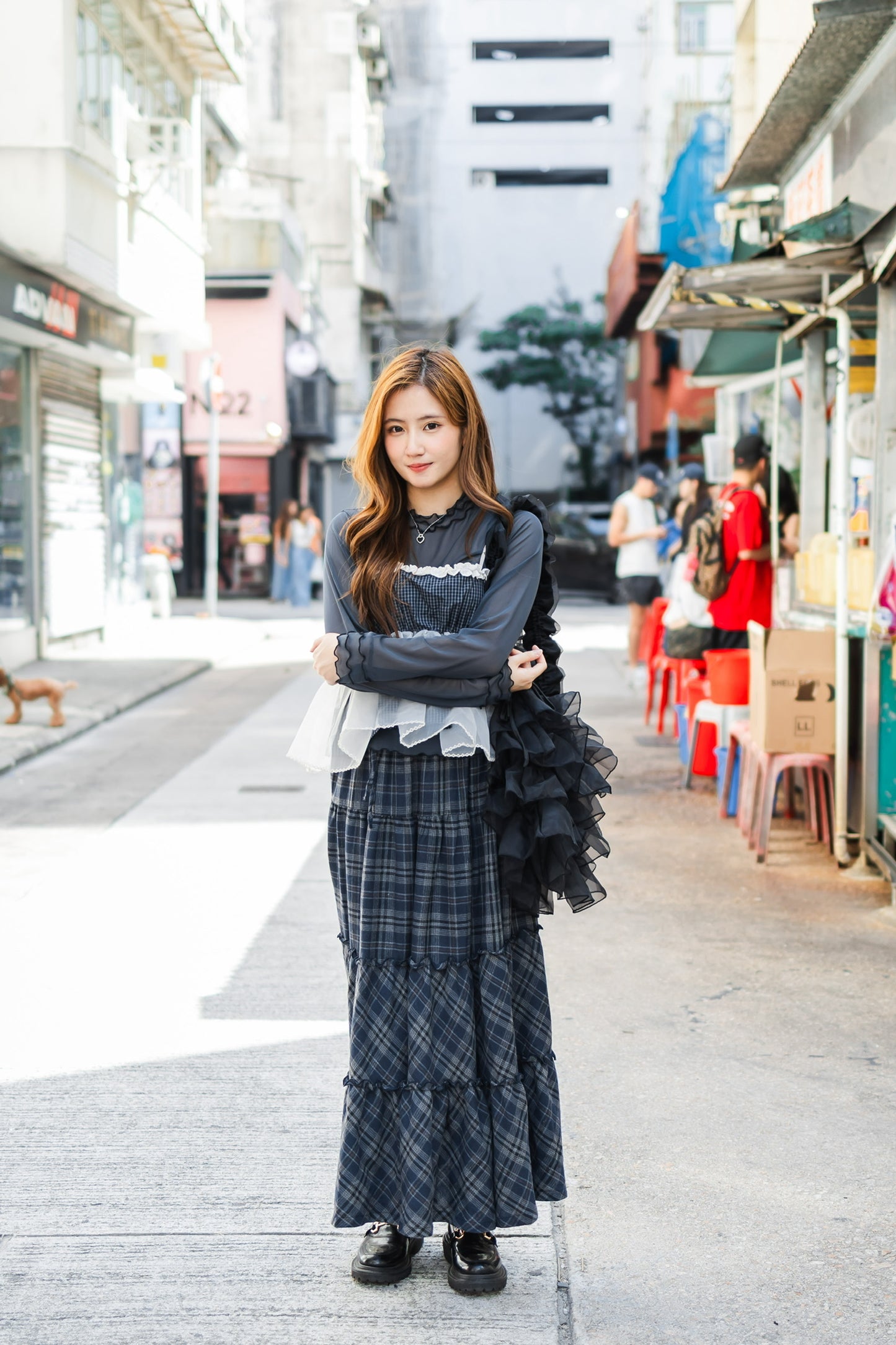 日系感復古格紋長裙 - Navy💙