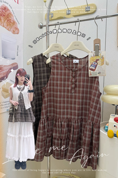 Ruffle拼色格仔上衣🛒🖤