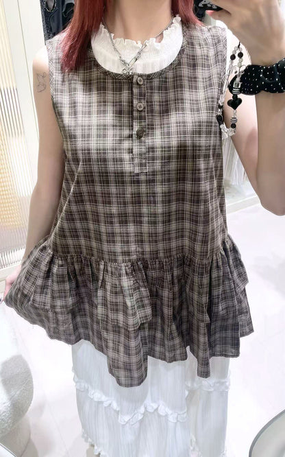 Ruffle拼色格仔上衣🛒🖤