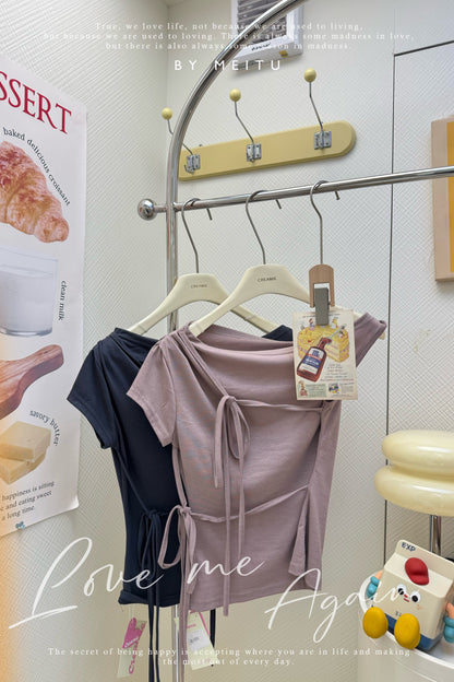 5色入！露肩綁帶不規則上衣🎀💕