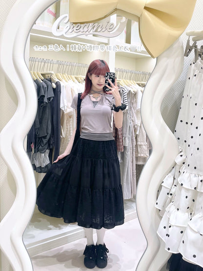 三色入！韓系V領綁帶拼色上衣✨