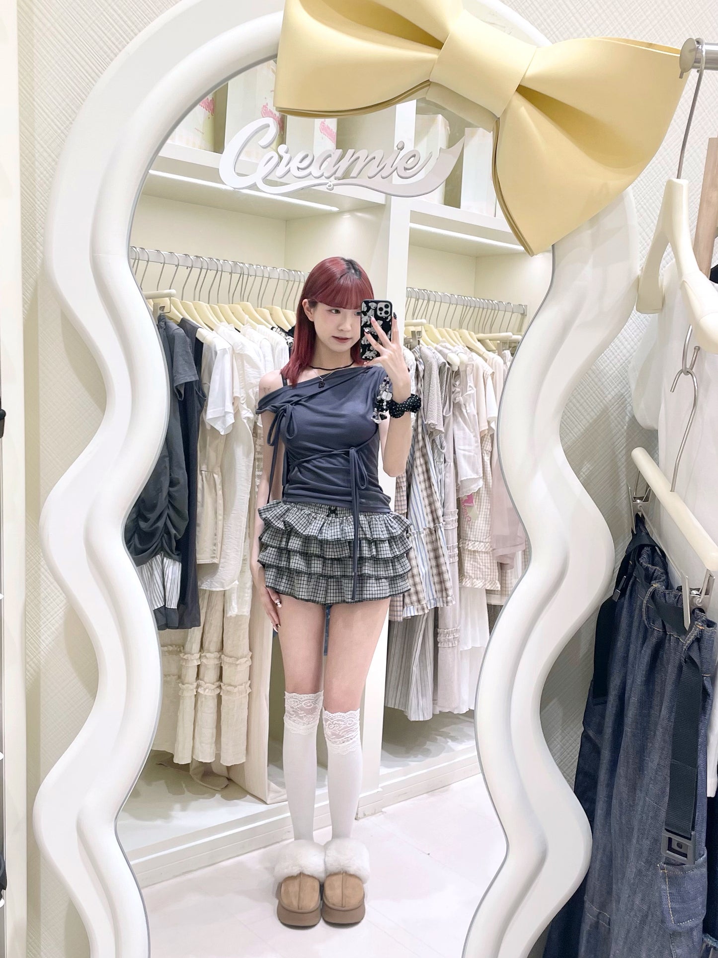 蝴蝶結蕾絲格紋短裙褲💖✨