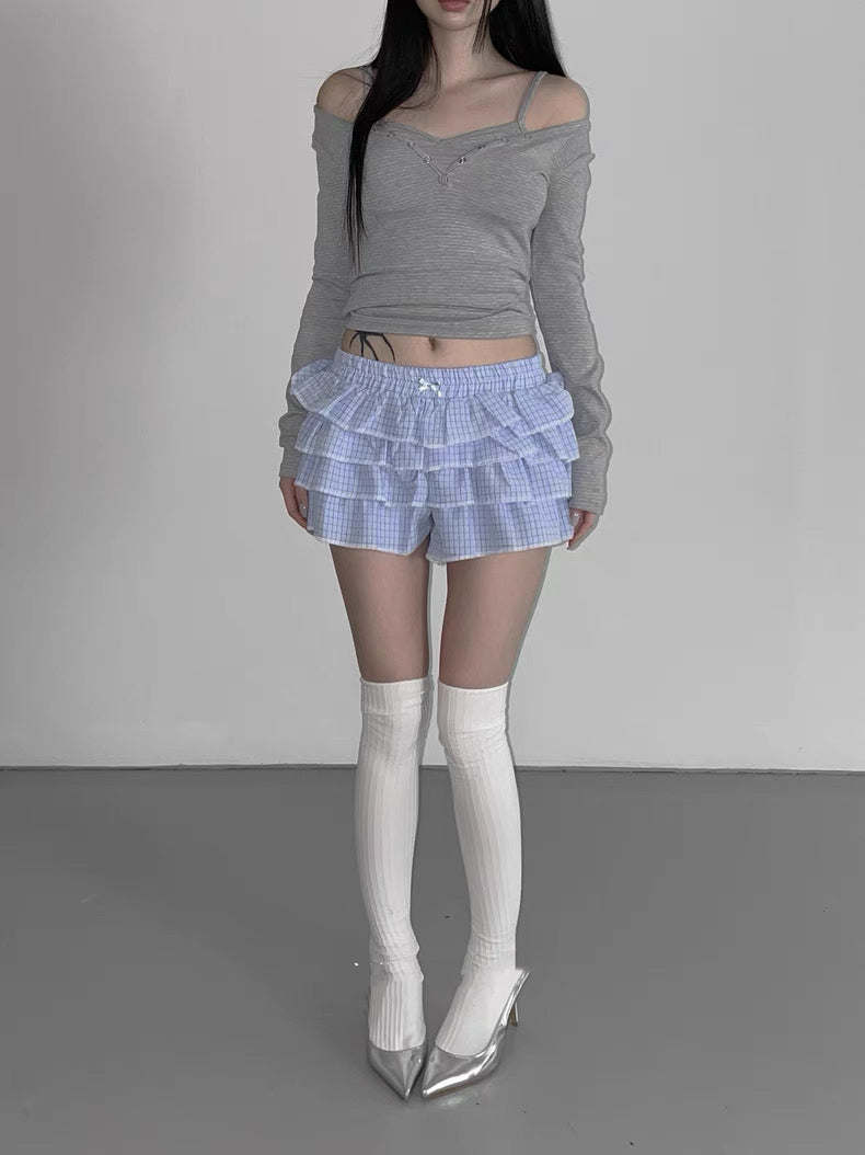 蝴蝶結蕾絲格紋短裙褲💖✨