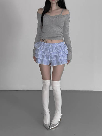 蝴蝶結蕾絲格紋短裙褲💖✨