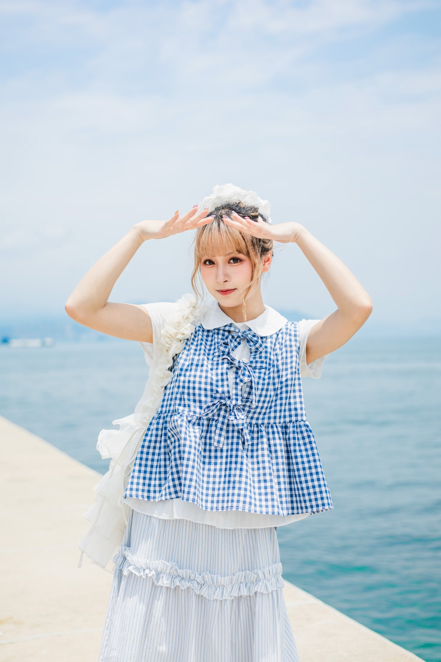 日系拼色條紋花邊長裙