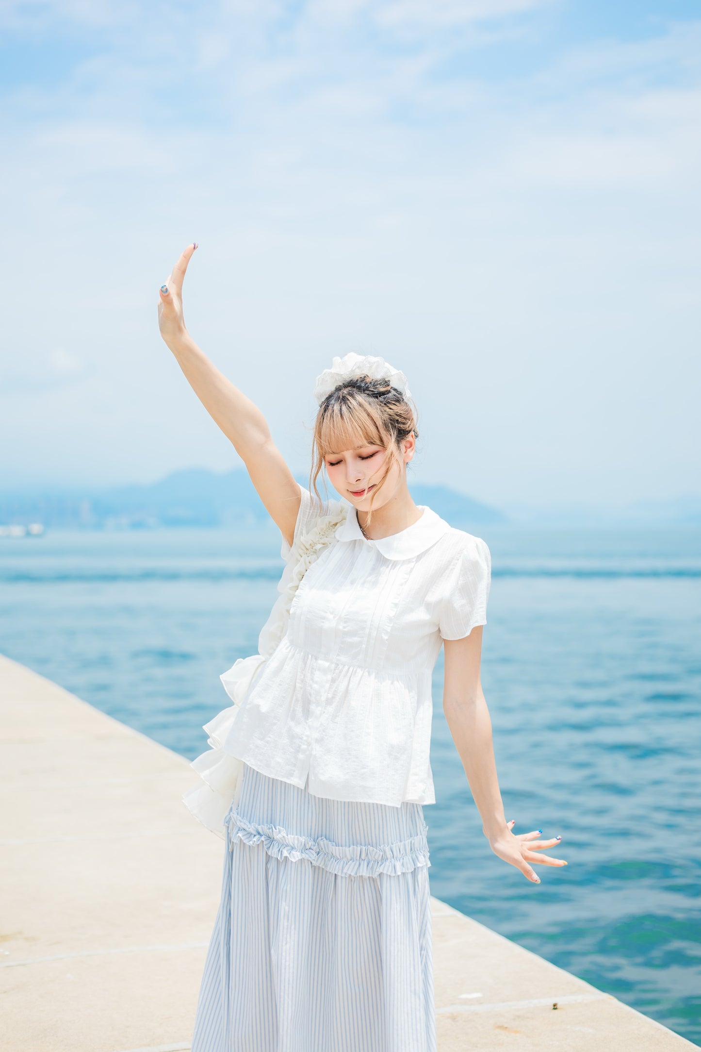 日系拼色條紋花邊長裙