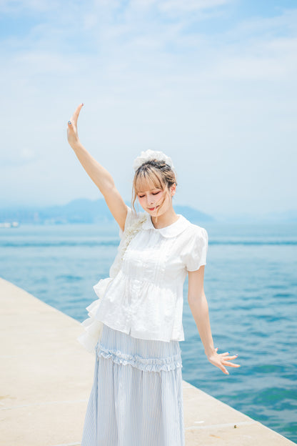 日系拼色條紋花邊長裙