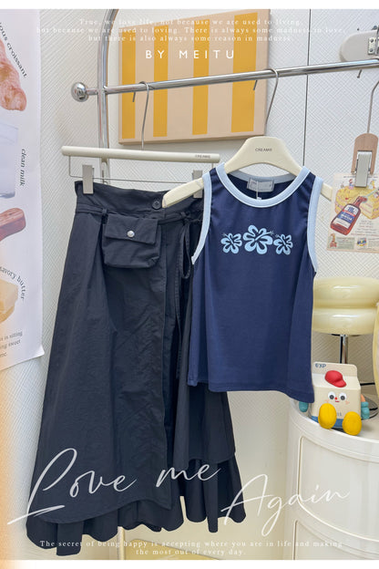 日系拼色背心長裙套裝🖤💙