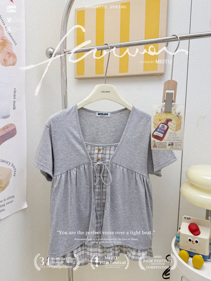 拼色格仔假兩件套裝🐰