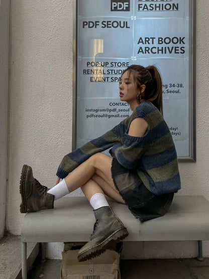 減齡露肩條紋針織衫🍒