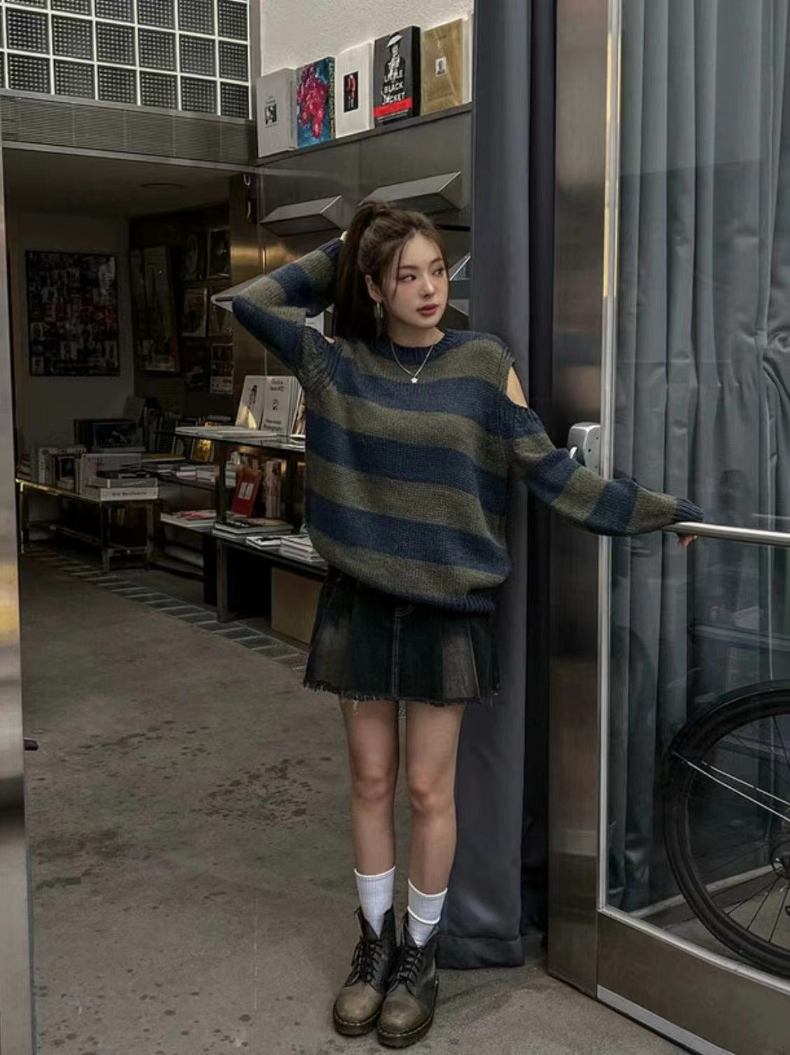 減齡露肩條紋針織衫🍒