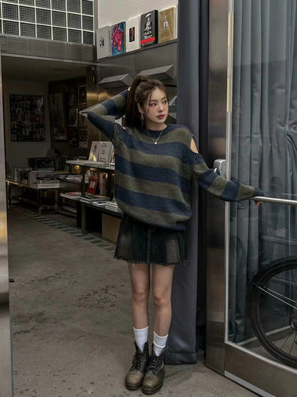 減齡露肩條紋針織衫🍒