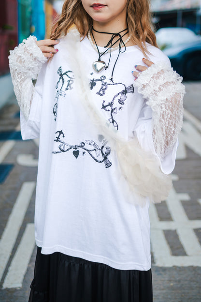 少女日系💖字母花紋拼蕾絲長袖Tee