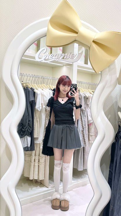蕾絲拼邊黑白波點上衣✨