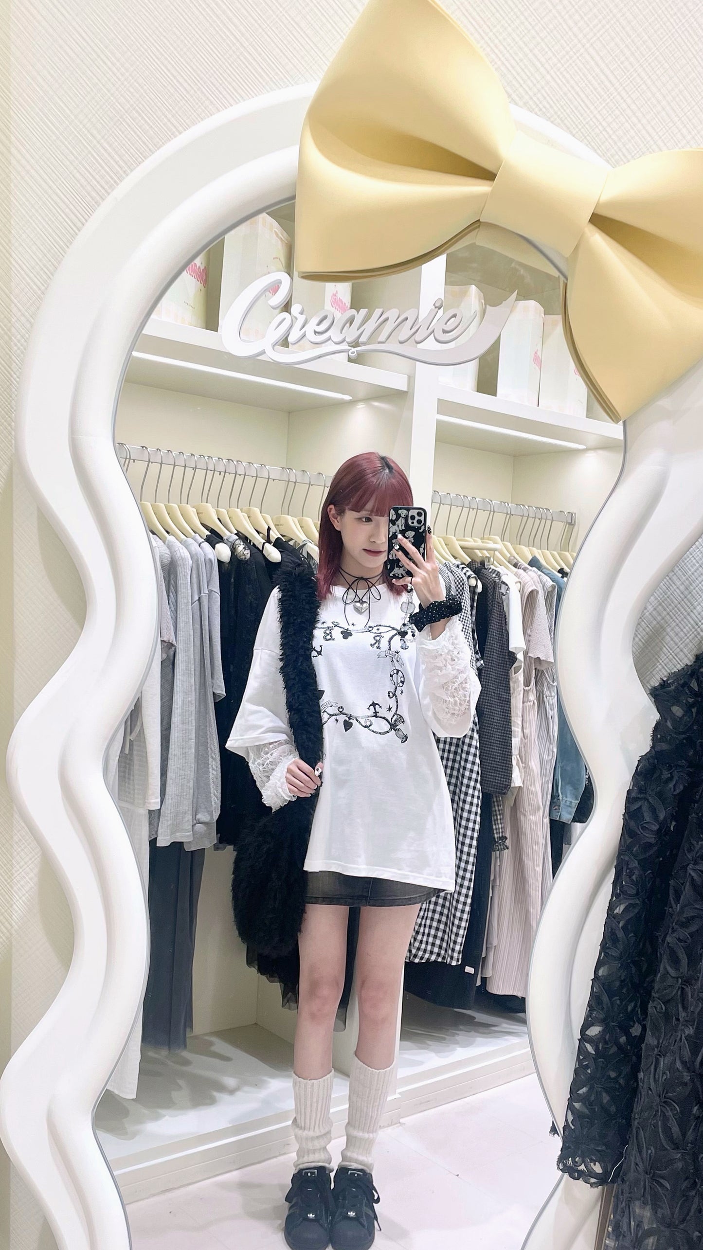 少女日系💖字母花紋拼蕾絲長袖Tee