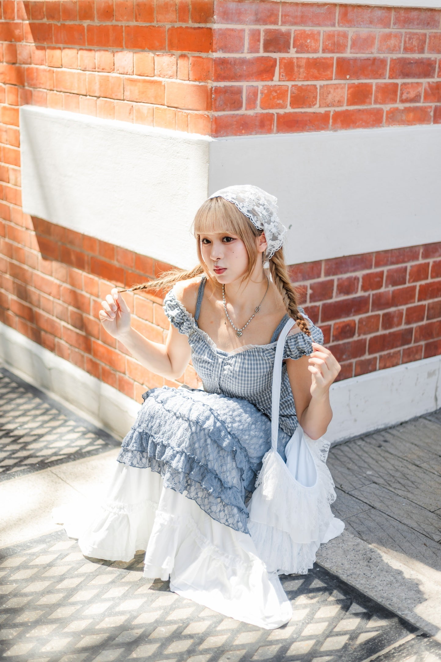 韓系花邊格仔背心🩵